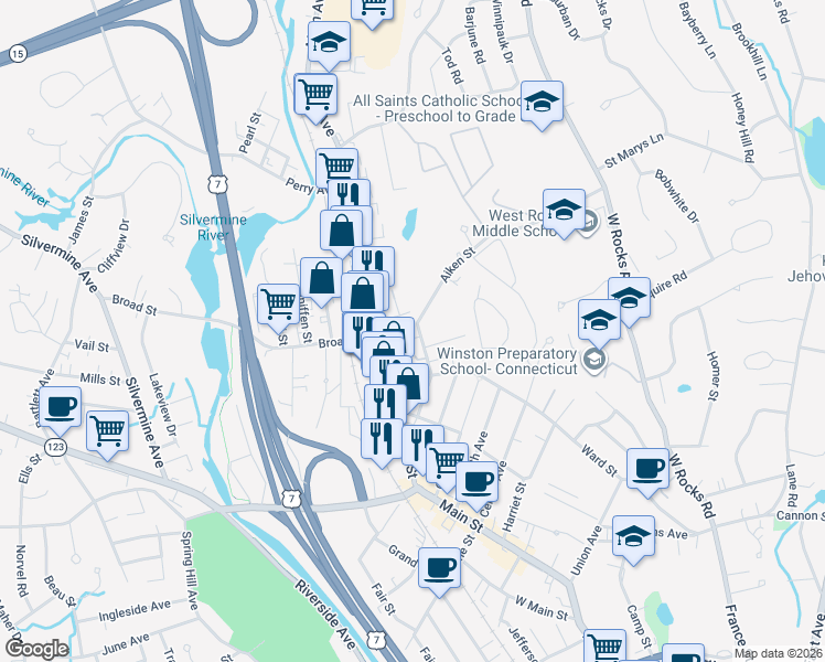 map of restaurants, bars, coffee shops, grocery stores, and more near 29 Aiken Street in Norwalk