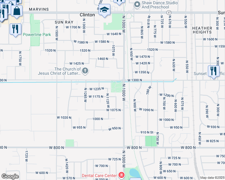 map of restaurants, bars, coffee shops, grocery stores, and more near 1259 North 1000 West in Clinton
