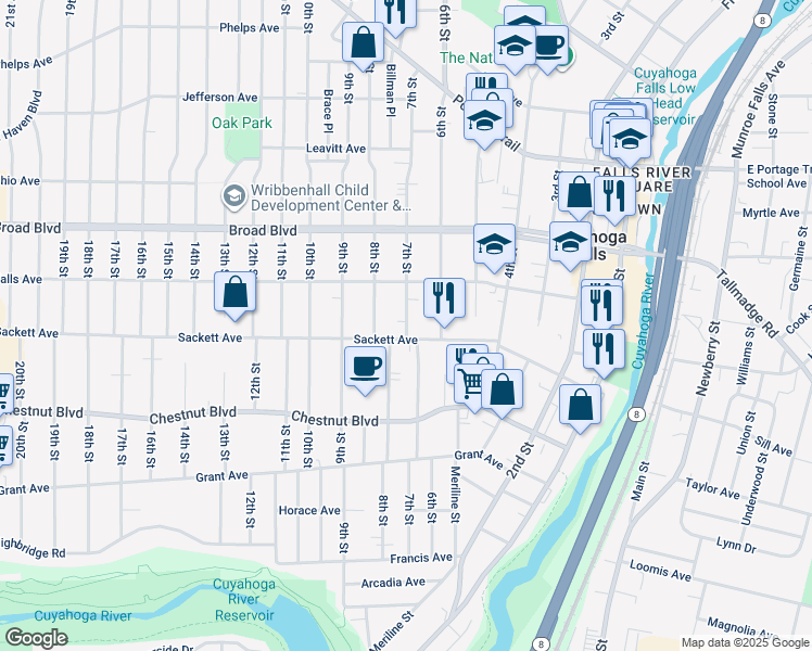 map of restaurants, bars, coffee shops, grocery stores, and more near 1819 7th Street in Cuyahoga Falls