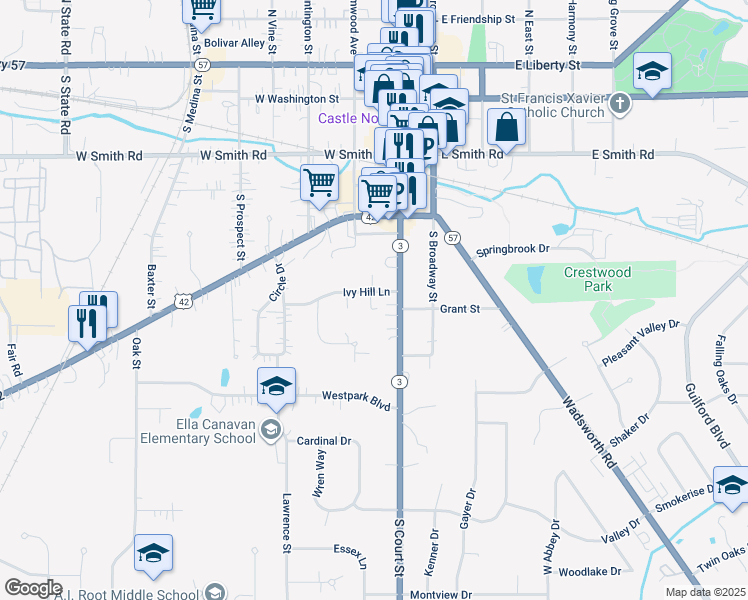 map of restaurants, bars, coffee shops, grocery stores, and more near 120 Ivy Hill Lane in Medina