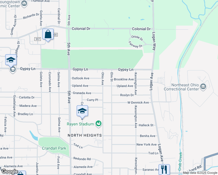 map of restaurants, bars, coffee shops, grocery stores, and more near 2430 Elm Street in Youngstown