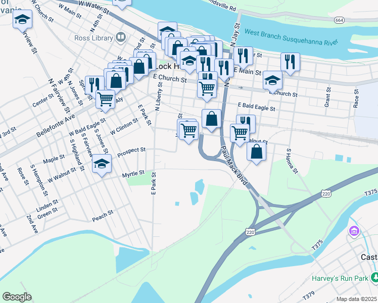 map of restaurants, bars, coffee shops, grocery stores, and more near 120 East Walnut Street in Lock Haven