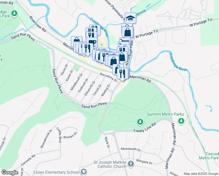 map of restaurants, bars, coffee shops, grocery stores, and more near 1203 Coral Drive in Akron