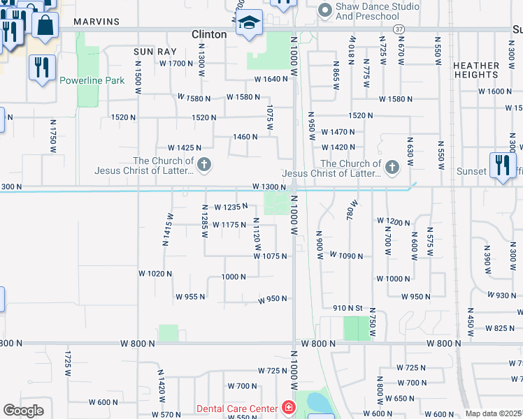 map of restaurants, bars, coffee shops, grocery stores, and more near 1259 North 1000 West in Clinton