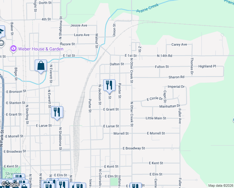 map of restaurants, bars, coffee shops, grocery stores, and more near 1002 Painter Street in Streator