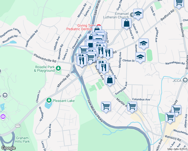 map of restaurants, bars, coffee shops, grocery stores, and more near 34 Hobby Street in Pleasantville