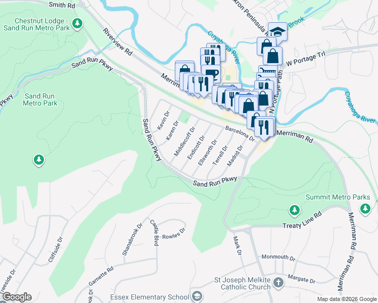 map of restaurants, bars, coffee shops, grocery stores, and more near 1024 Endicott Drive in Akron
