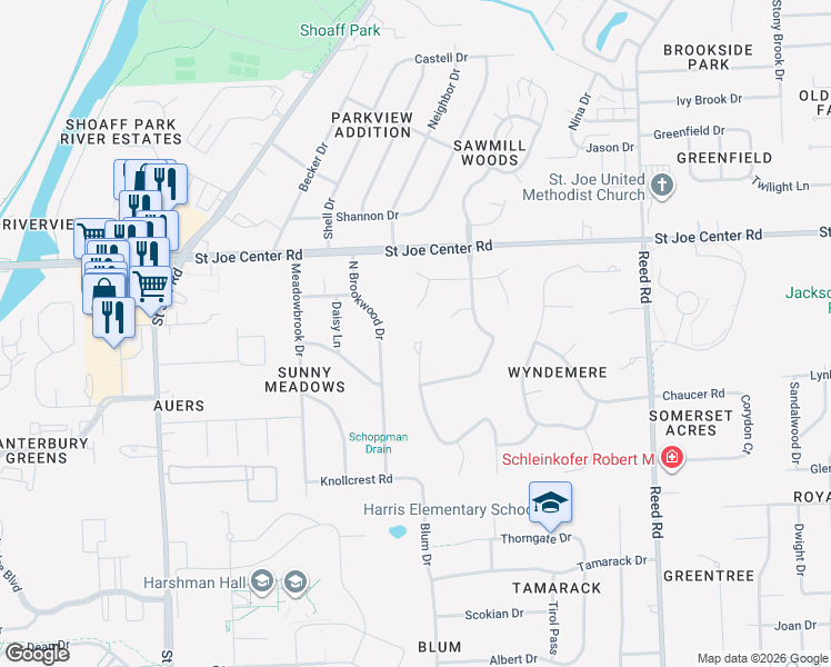 map of restaurants, bars, coffee shops, grocery stores, and more near 5537 Dyerbrook Court in Fort Wayne