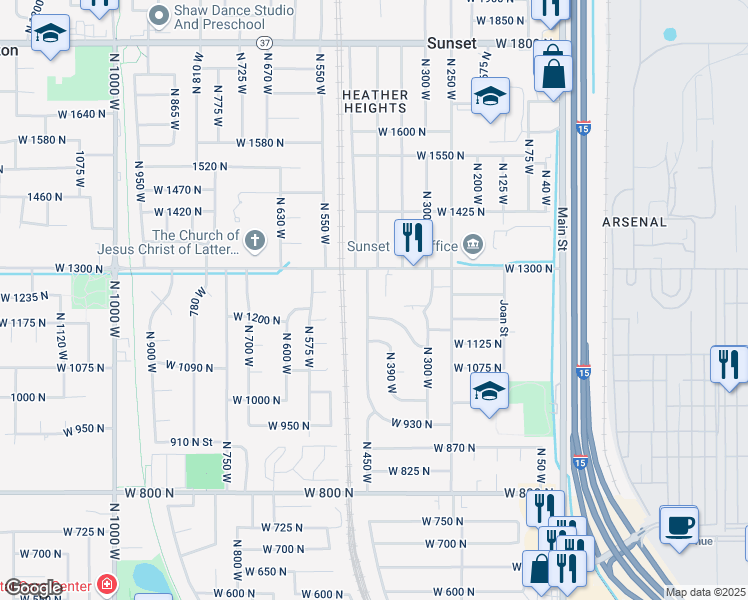 map of restaurants, bars, coffee shops, grocery stores, and more near 1226 North 450 West in Sunset