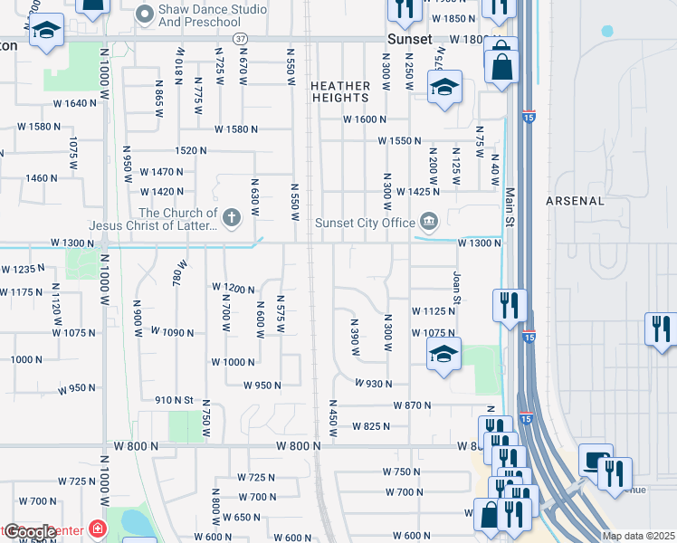 map of restaurants, bars, coffee shops, grocery stores, and more near 1226 North 450 West in Sunset