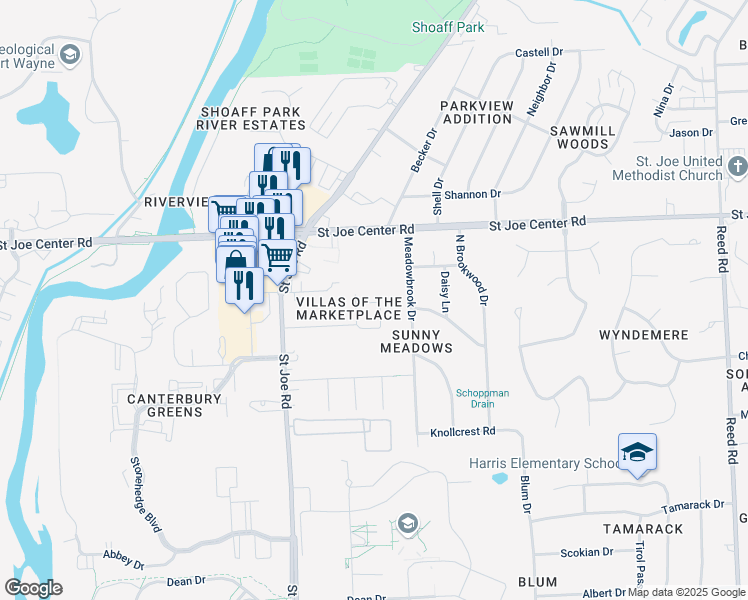 map of restaurants, bars, coffee shops, grocery stores, and more near 3517 Redbird Trail in Fort Wayne