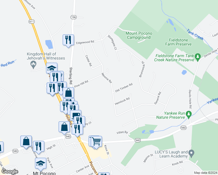 map of restaurants, bars, coffee shops, grocery stores, and more near 127 Winona Road in Mount Pocono
