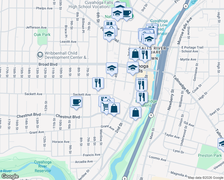 map of restaurants, bars, coffee shops, grocery stores, and more near 1827 4th Street in Cuyahoga Falls