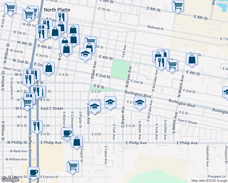 map of restaurants, bars, coffee shops, grocery stores, and more near 301 South Taft Avenue in North Platte