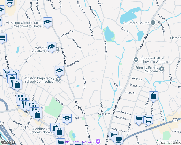 map of restaurants, bars, coffee shops, grocery stores, and more near 23 Blue Mountain Ridge in Norwalk
