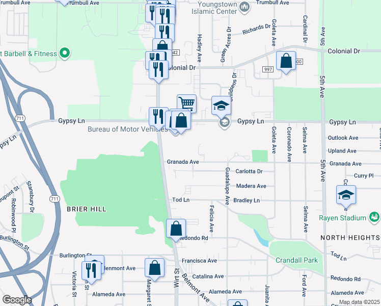 map of restaurants, bars, coffee shops, grocery stores, and more near 600 Granada Avenue in Youngstown