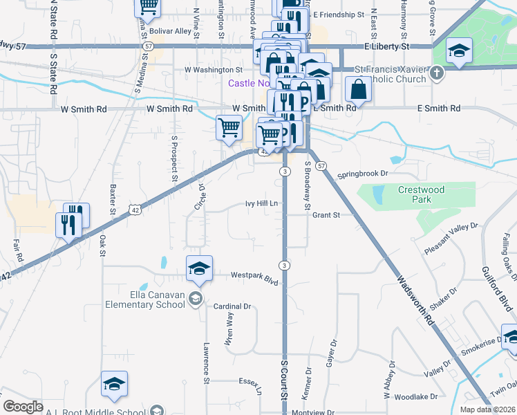 map of restaurants, bars, coffee shops, grocery stores, and more near 120 Ivy Hill Lane in Medina