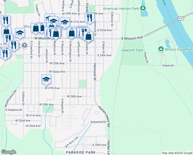 map of restaurants, bars, coffee shops, grocery stores, and more near 2531 South Hancock Street in Bellevue