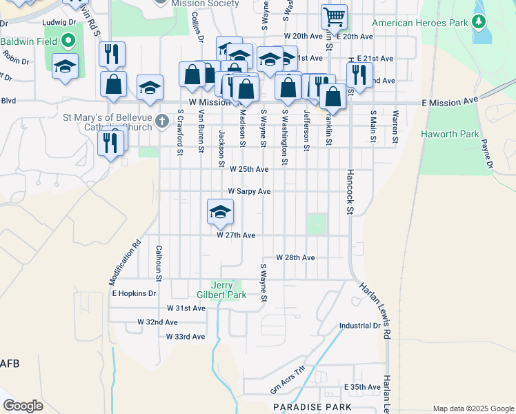 map of restaurants, bars, coffee shops, grocery stores, and more near 2528 Wayne Street in Bellevue