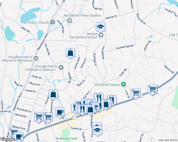 map of restaurants, bars, coffee shops, grocery stores, and more near 18 Silwen Lane in Norwalk