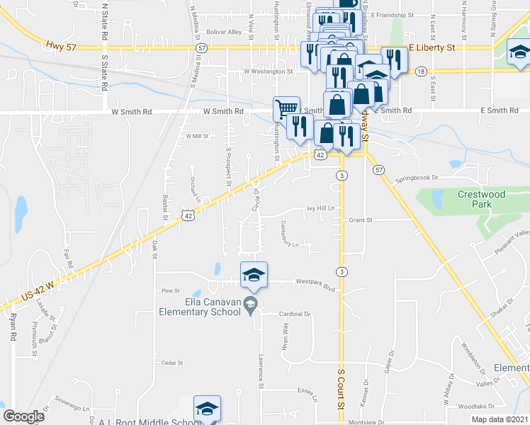 map of restaurants, bars, coffee shops, grocery stores, and more near 24 Circle Drive in Medina