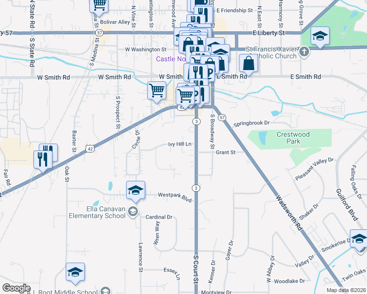 map of restaurants, bars, coffee shops, grocery stores, and more near 120 Ivy Hill Lane in Medina
