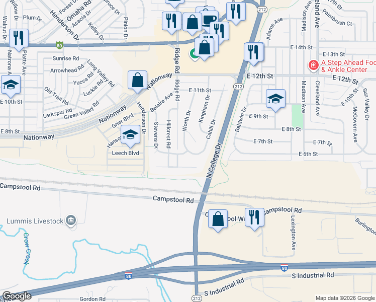 map of restaurants, bars, coffee shops, grocery stores, and more near 801 Cahill Drive in Cheyenne