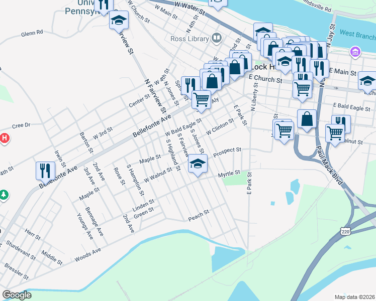 map of restaurants, bars, coffee shops, grocery stores, and more near 204 South Fairview Street in Lock Haven