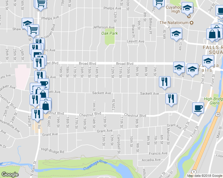 map of restaurants, bars, coffee shops, grocery stores, and more near 1820 12th St in Cuyahoga Falls