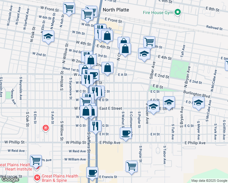 map of restaurants, bars, coffee shops, grocery stores, and more near 398 E C St in North Platte