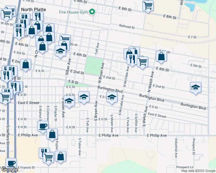 map of restaurants, bars, coffee shops, grocery stores, and more near 1301 Burlington Boulevard in North Platte