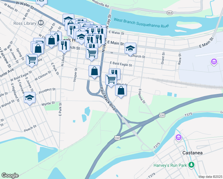 map of restaurants, bars, coffee shops, grocery stores, and more near 7 South Pine Street in Lock Haven