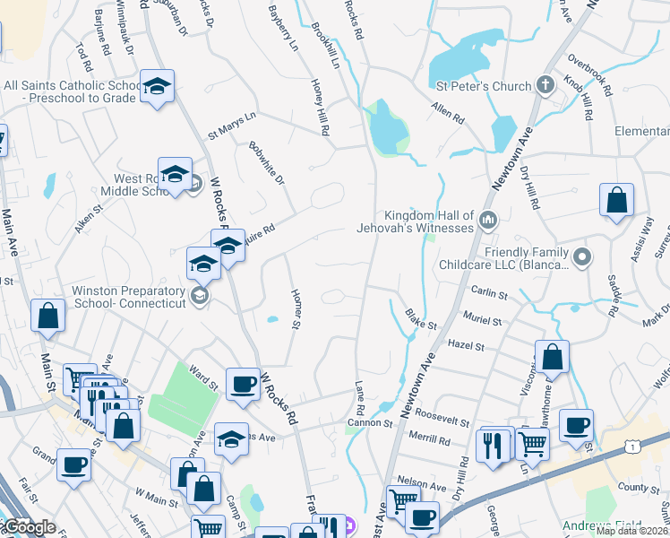 map of restaurants, bars, coffee shops, grocery stores, and more near 1 Blue Mountain Ridge in Norwalk