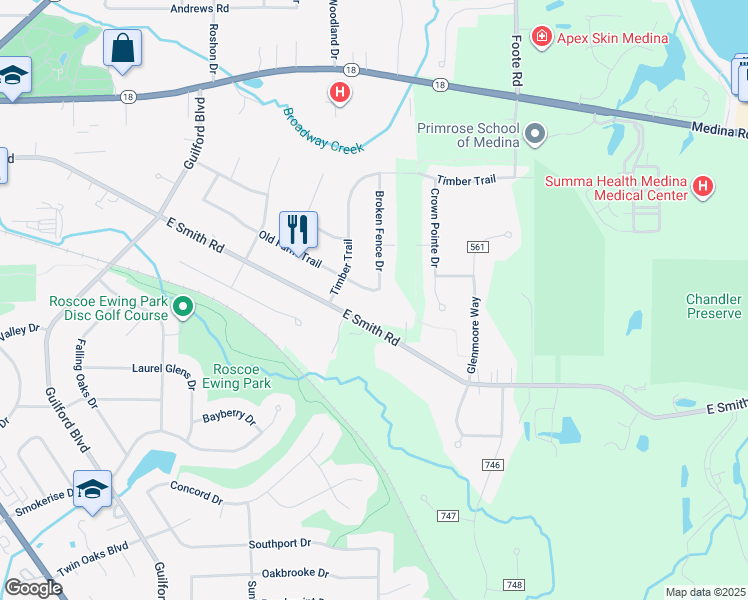 map of restaurants, bars, coffee shops, grocery stores, and more near 1116 Old Farm Trail in Medina