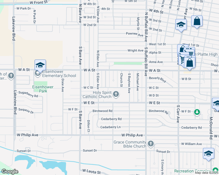 map of restaurants, bars, coffee shops, grocery stores, and more near 2952 West C Street in North Platte