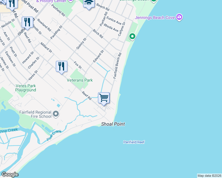 map of restaurants, bars, coffee shops, grocery stores, and more near 610 Fairfield Beach Road in Fairfield