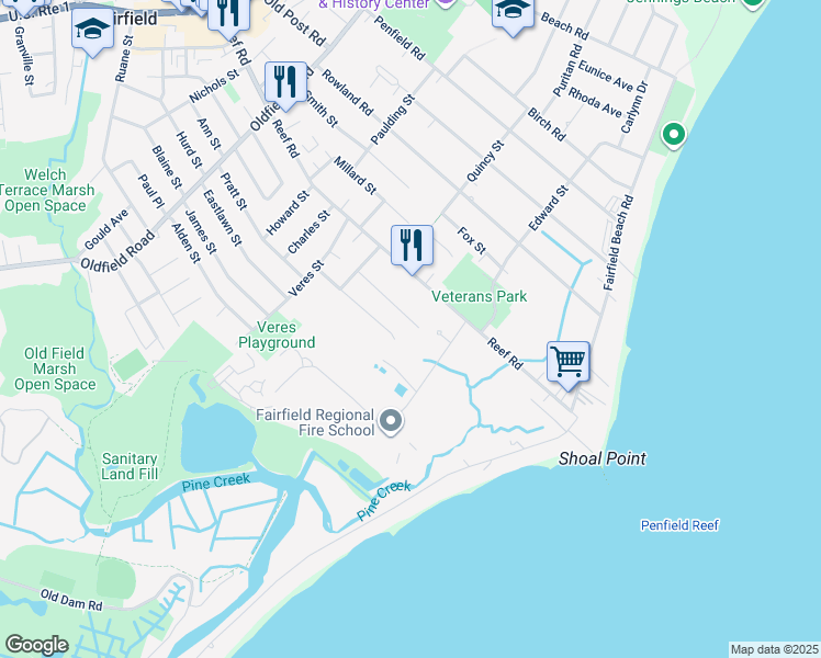 map of restaurants, bars, coffee shops, grocery stores, and more near 185 Forest Avenue in Fairfield
