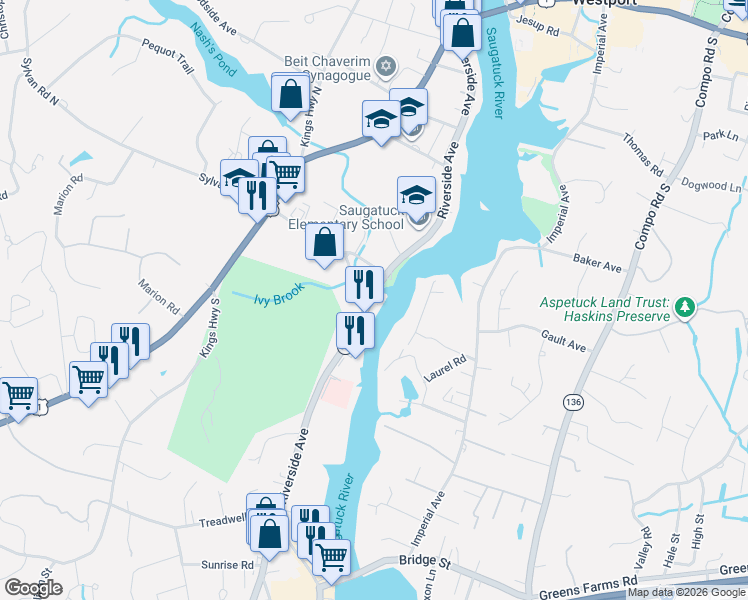 map of restaurants, bars, coffee shops, grocery stores, and more near 257 Riverside Avenue in Westport