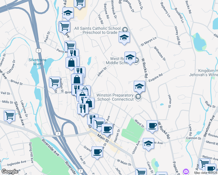 map of restaurants, bars, coffee shops, grocery stores, and more near 68 Ohio Avenue in Norwalk