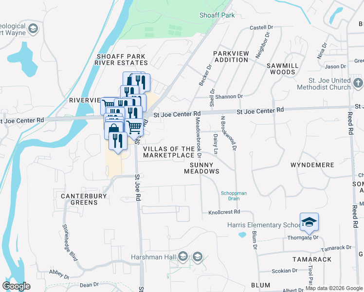map of restaurants, bars, coffee shops, grocery stores, and more near 3517 Redbird Trail in Fort Wayne