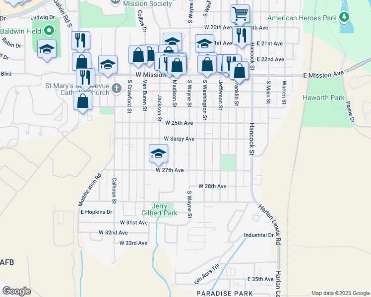 map of restaurants, bars, coffee shops, grocery stores, and more near 2528 Wayne Street in Bellevue