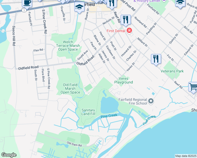 map of restaurants, bars, coffee shops, grocery stores, and more near 192 Oldfield Drive in Fairfield