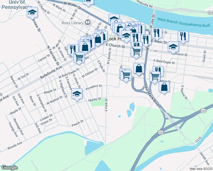 map of restaurants, bars, coffee shops, grocery stores, and more near East Park Street in Lock Haven