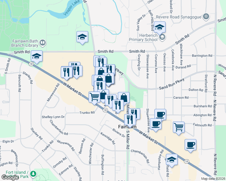 map of restaurants, bars, coffee shops, grocery stores, and more near 2735 Crawfis Boulevard in Fairlawn