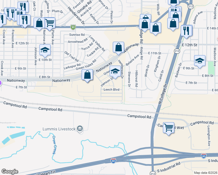 map of restaurants, bars, coffee shops, grocery stores, and more near 3070 Leech Boulevard in Cheyenne