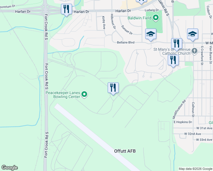 map of restaurants, bars, coffee shops, grocery stores, and more near 46 Nelson Drive in Offutt Air Force Base