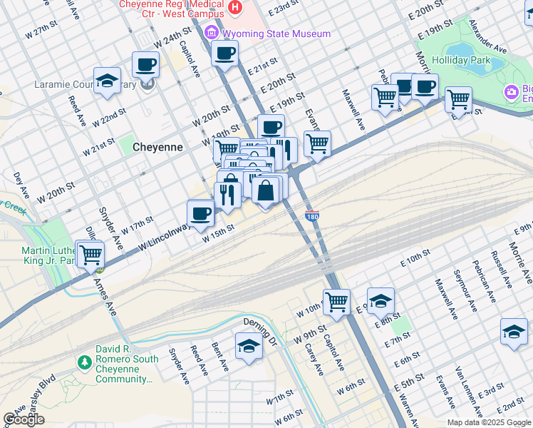 map of restaurants, bars, coffee shops, grocery stores, and more near 121 West 15th Street in Cheyenne