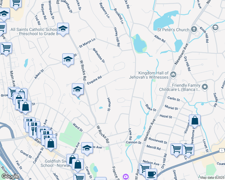 map of restaurants, bars, coffee shops, grocery stores, and more near 23 Blue Mountain Ridge in Norwalk