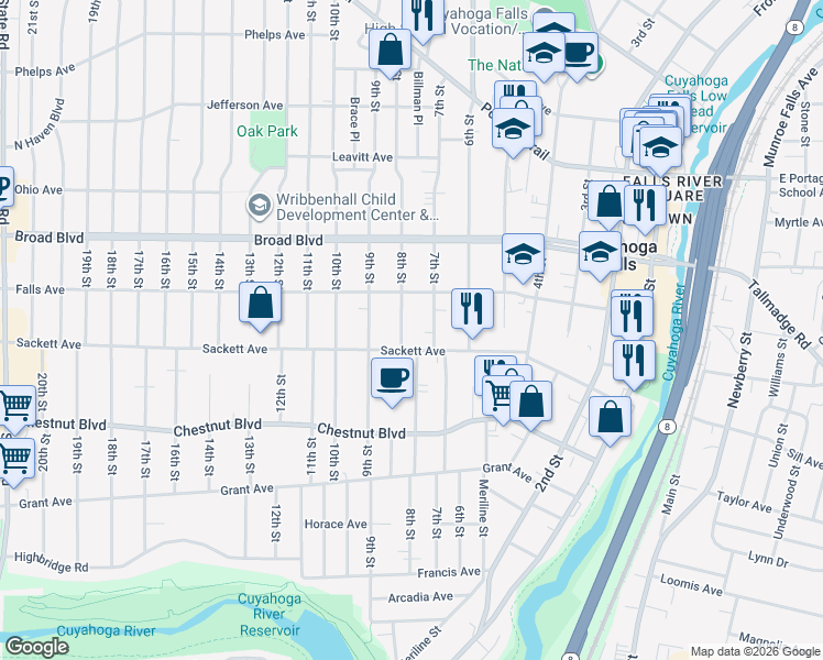 map of restaurants, bars, coffee shops, grocery stores, and more near 1819 7th Street in Cuyahoga Falls
