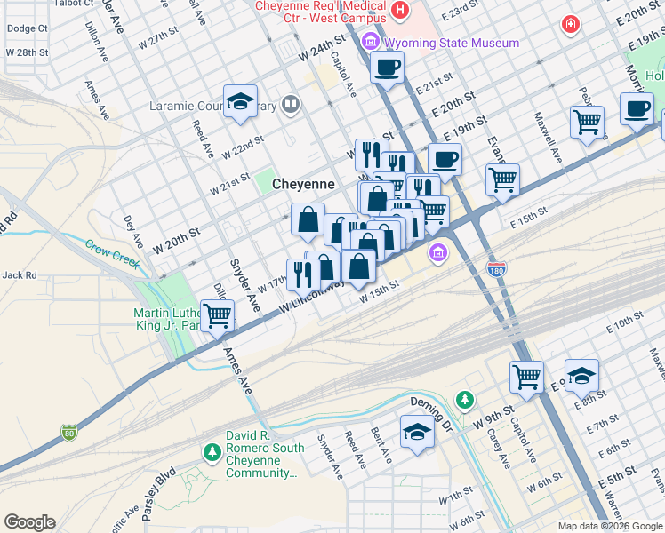 map of restaurants, bars, coffee shops, grocery stores, and more near 1601-1699 Oneil Ave in Cheyenne